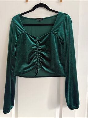 Green Velvet Ruched Front Long-Sleeve Top